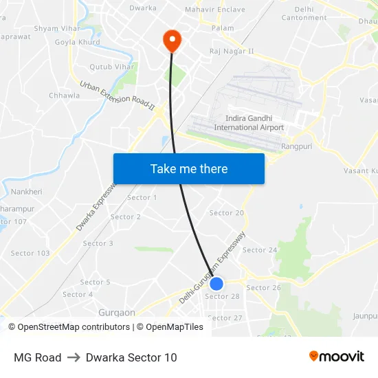 MG Road to Dwarka Sector 10 map