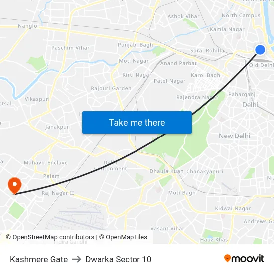 Kashmere Gate to Dwarka Sector 10 map
