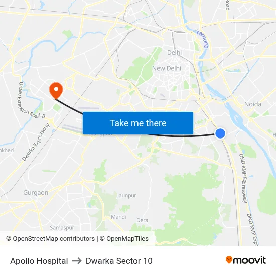Apollo Hospital to Dwarka Sector 10 map
