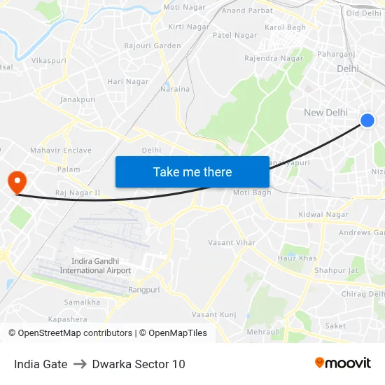India Gate to Dwarka Sector 10 map