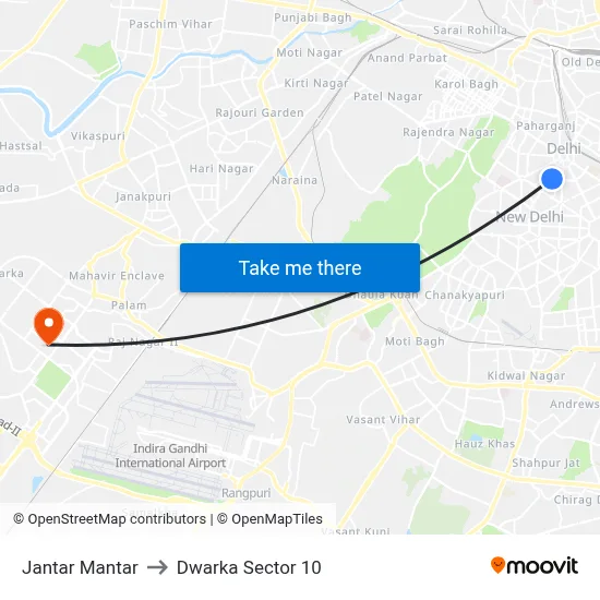 Jantar Mantar to Dwarka Sector 10 map