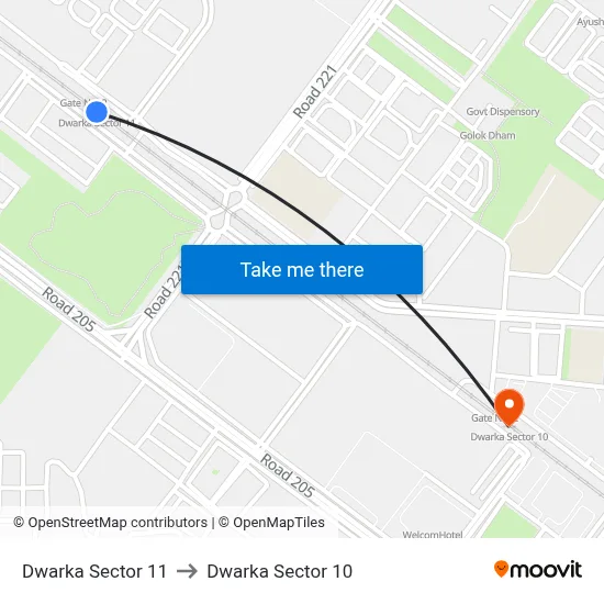 Dwarka Sector 11 to Dwarka Sector 10 map