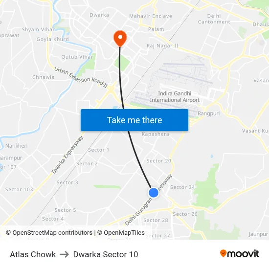 Atlas Chowk to Dwarka Sector 10 map