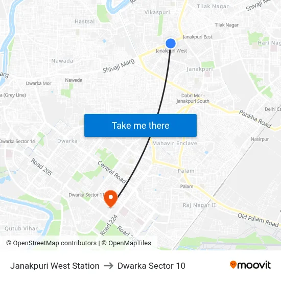 Janakpuri West Station to Dwarka Sector 10 map