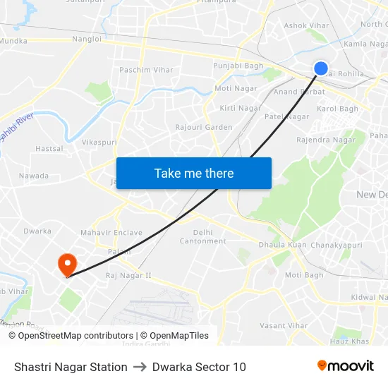 Shastri Nagar Station to Dwarka Sector 10 map