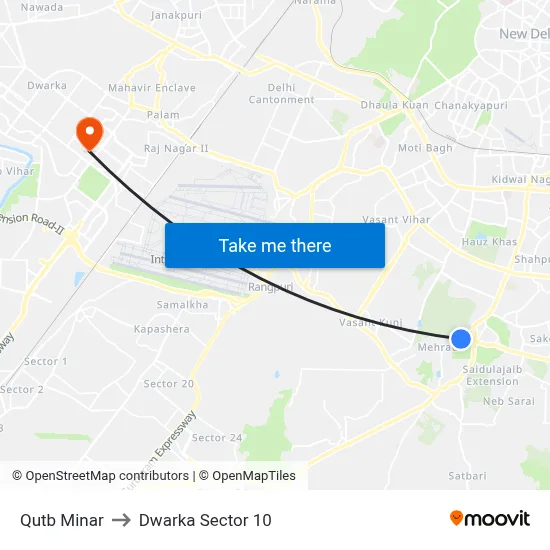 Qutb Minar to Dwarka Sector 10 map