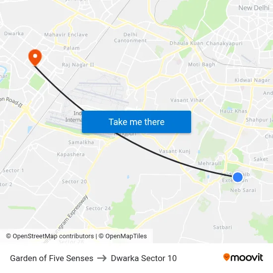 Garden of Five Senses to Dwarka Sector 10 map