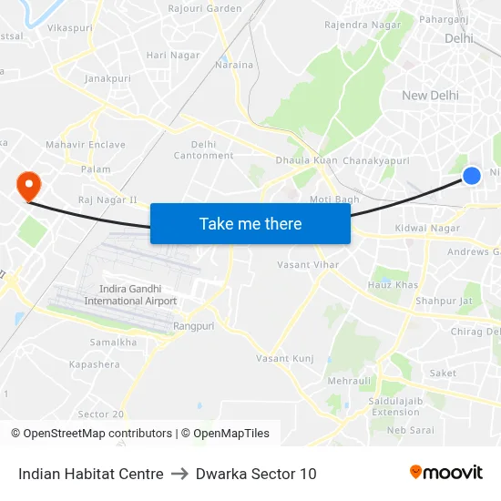 Indian Habitat Centre to Dwarka Sector 10 map