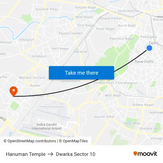 Hanuman Temple to Dwarka Sector 10 map