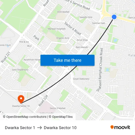 Dwarka Sector 1 to Dwarka Sector 10 map