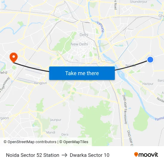 Noida Sector 52 Station to Dwarka Sector 10 map