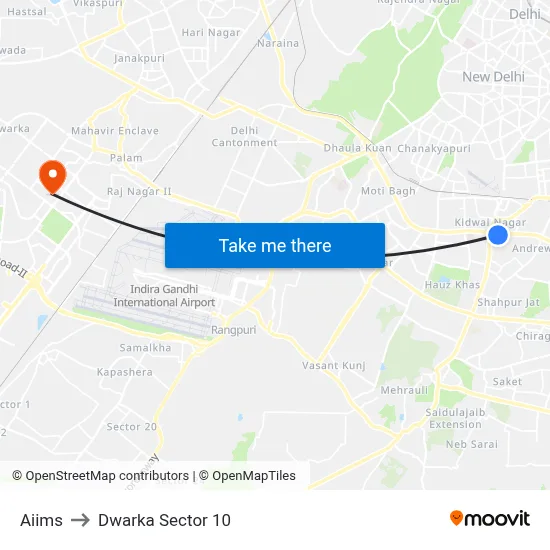 Aiims to Dwarka Sector 10 map