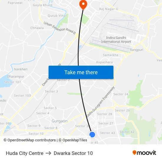 Huda City Centre to Dwarka Sector 10 map