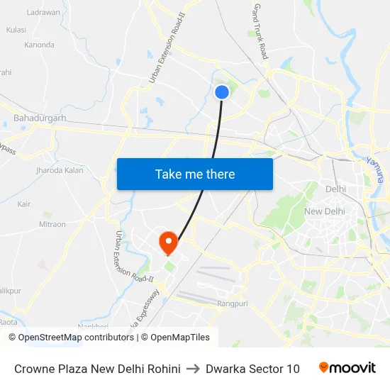 Crowne Plaza New Delhi Rohini to Dwarka Sector 10 map