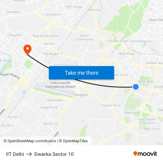 IIT Delhi to Dwarka Sector 10 map