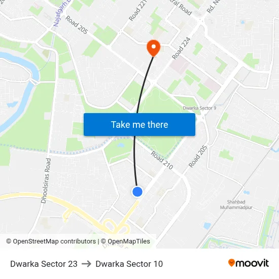 Dwarka Sector 23 to Dwarka Sector 10 map
