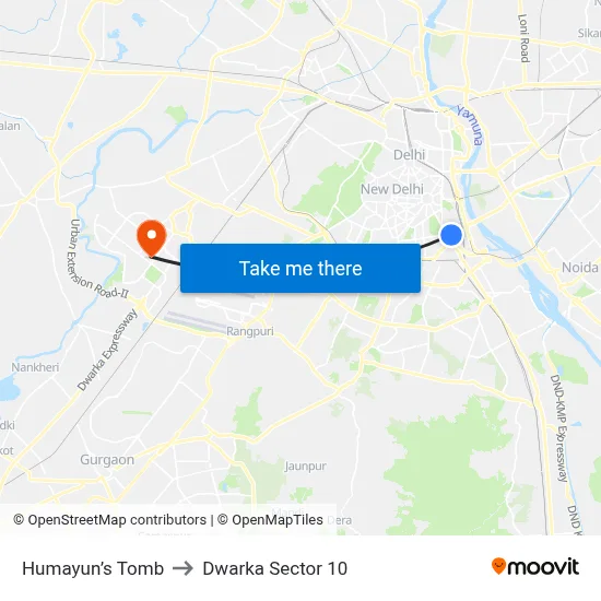Humayun’s Tomb to Dwarka Sector 10 map