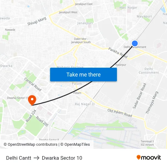 Delhi Cantt to Dwarka Sector 10 map