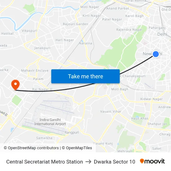 Central Secretariat Metro Station to Dwarka Sector 10 map