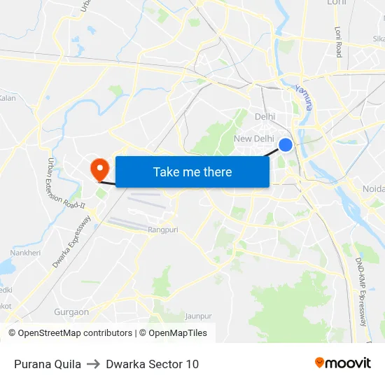 Purana Quila to Dwarka Sector 10 map