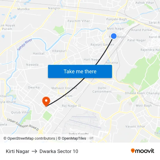 Kirti Nagar to Dwarka Sector 10 map