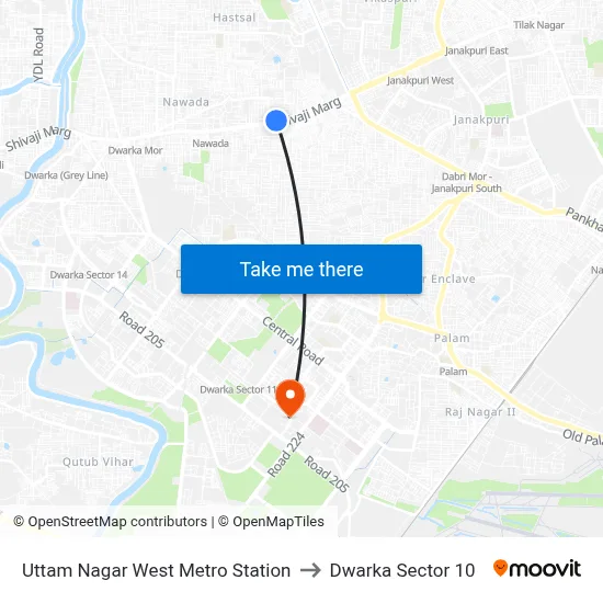 Uttam Nagar West Metro Station to Dwarka Sector 10 map