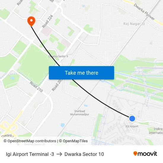 Igi Airport Terminal -3 to Dwarka Sector 10 map
