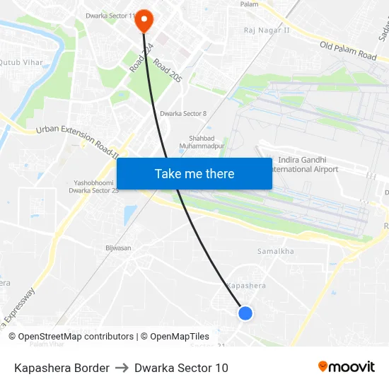 Kapashera Border to Dwarka Sector 10 map