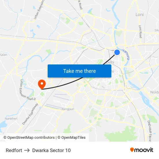 Redfort to Dwarka Sector 10 map