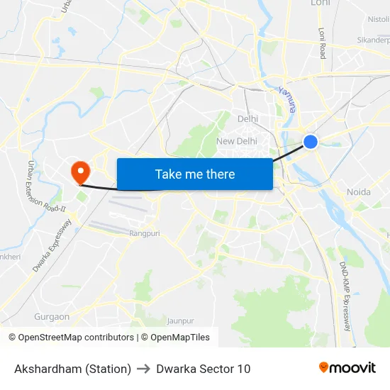 Akshardham (Station) to Dwarka Sector 10 map