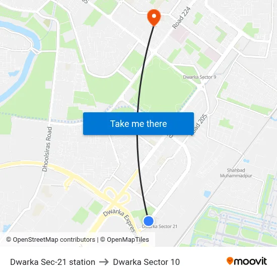 Dwarka Sec-21 station to Dwarka Sector 10 map