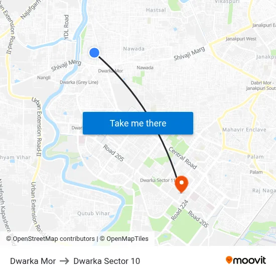 Dwarka Mor to Dwarka Sector 10 map
