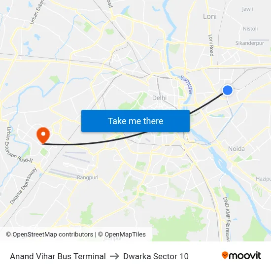 Anand Vihar Bus Terminal to Dwarka Sector 10 map