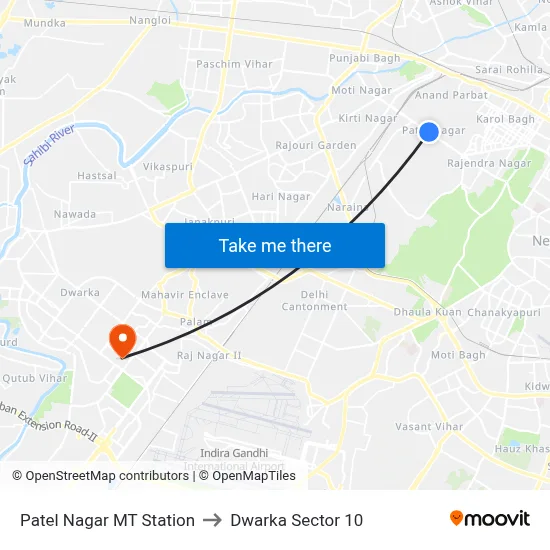 Patel Nagar MT Station to Dwarka Sector 10 map