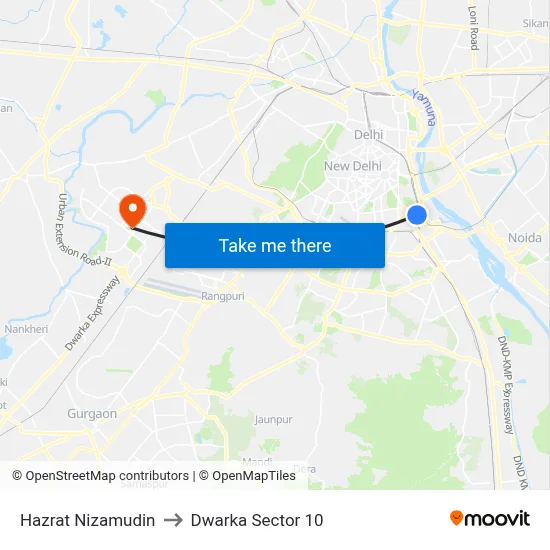 Hazrat Nizamudin to Dwarka Sector 10 map