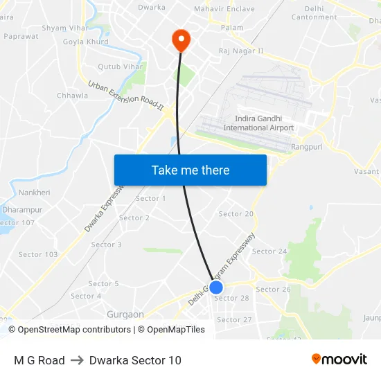 M G Road to Dwarka Sector 10 map