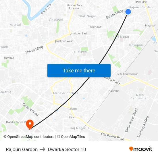 Rajouri Garden to Dwarka Sector 10 map