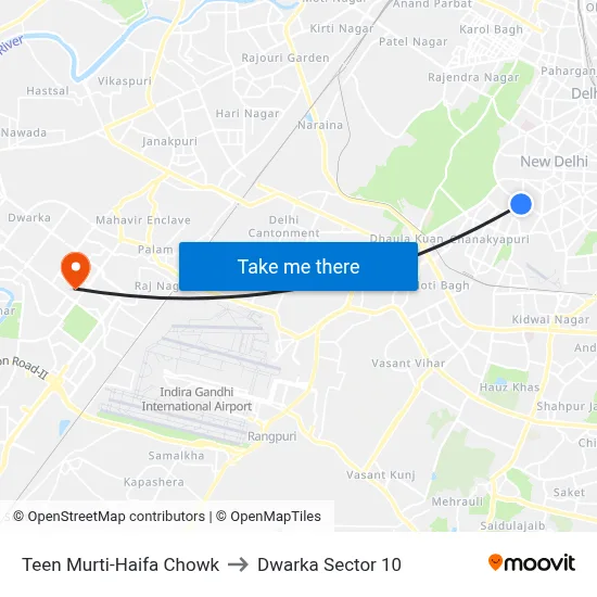 Teen Murti-Haifa Chowk to Dwarka Sector 10 map
