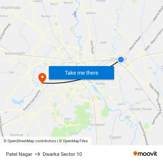 Patel Nagar to Dwarka Sector 10 map