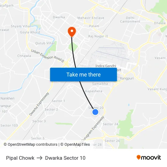 Pipal Chowk to Dwarka Sector 10 map