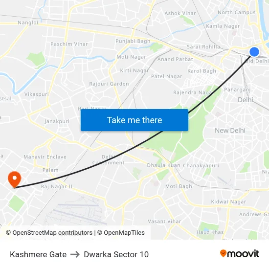 Kashmere Gate to Dwarka Sector 10 map