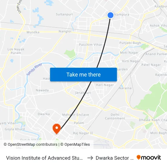 Vision Institute of Advanced Studies to Dwarka Sector 10 map