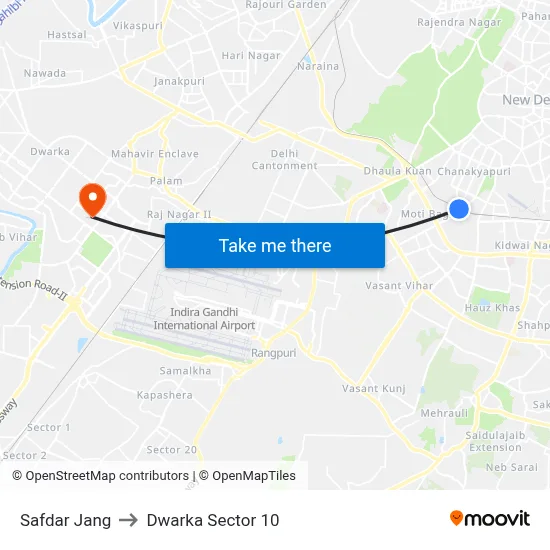 Safdar Jang to Dwarka Sector 10 map