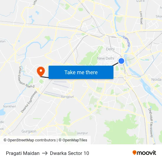 Pragati Maidan to Dwarka Sector 10 map