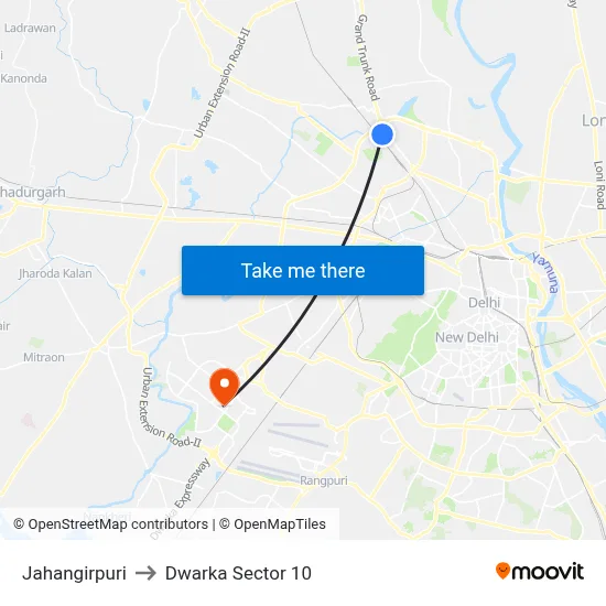 Jahangirpuri to Dwarka Sector 10 map