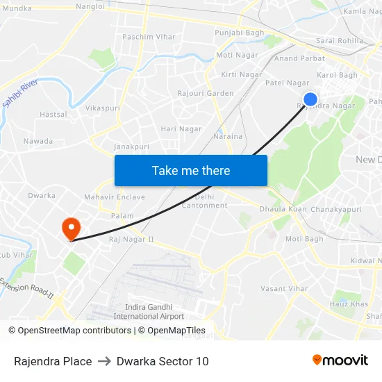 Rajendra Place to Dwarka Sector 10 map