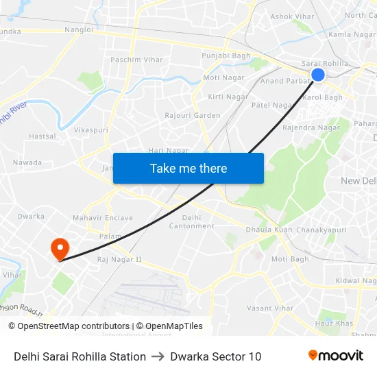 Delhi Sarai Rohilla Station to Dwarka Sector 10 map