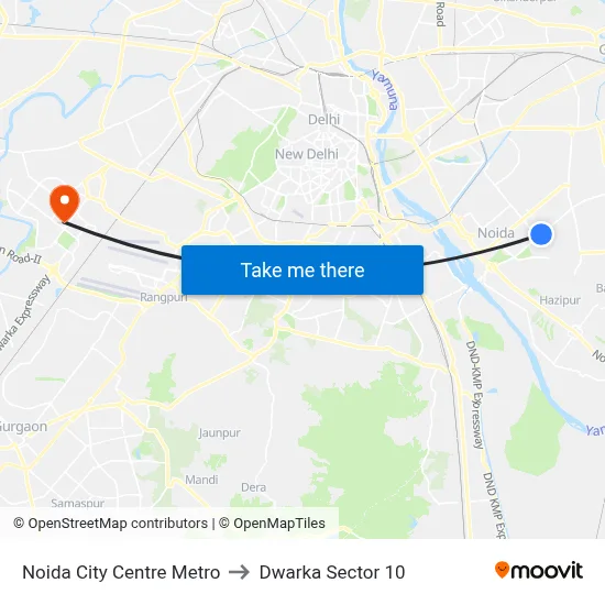 Noida City Centre Metro to Dwarka Sector 10 map