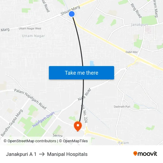 Janakpuri A 1 to Manipal Hospitals map
