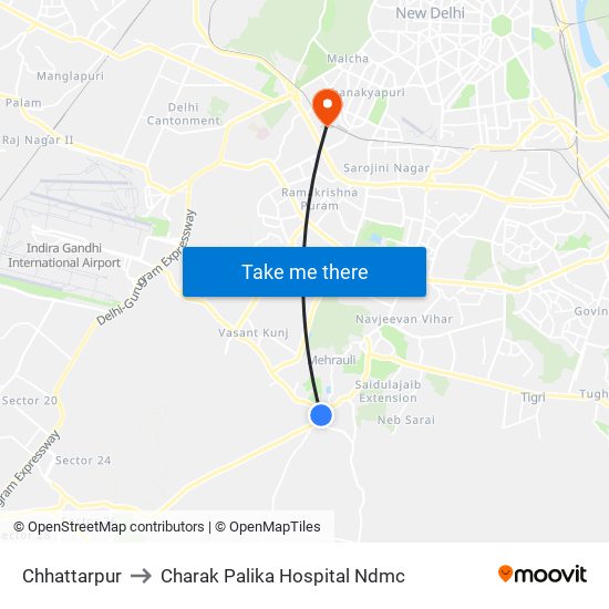 Chhattarpur to Charak Palika Hospital Ndmc map